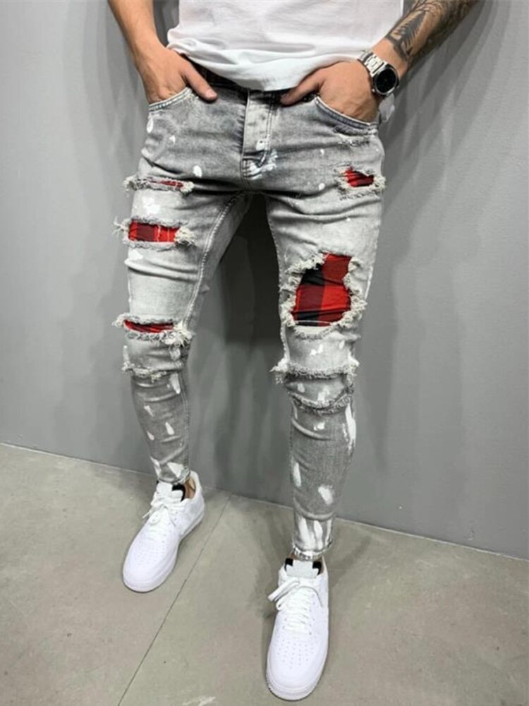 Ripped Skinny Jeans Mannen Grid Stretch Denim Broek Big Size Europese Hip-Hop Casual Mannen Jeans Casual broek