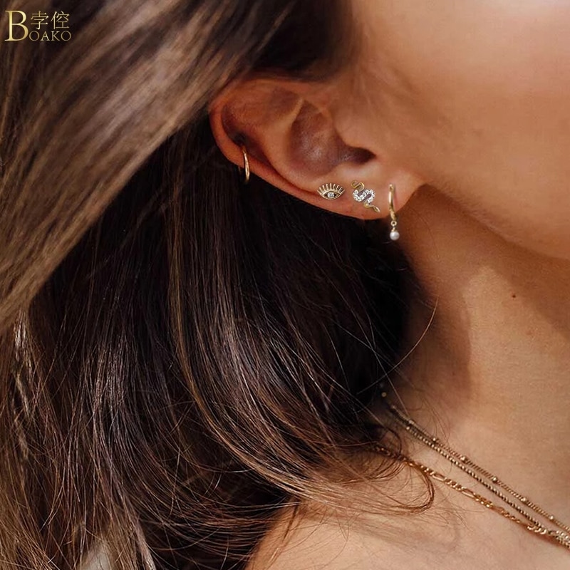 925 brincos de prata esterlina para mulheres brincos de olho do mal de ouro menina cartilagem orelha osso piercing brincos feminino zircon aretes