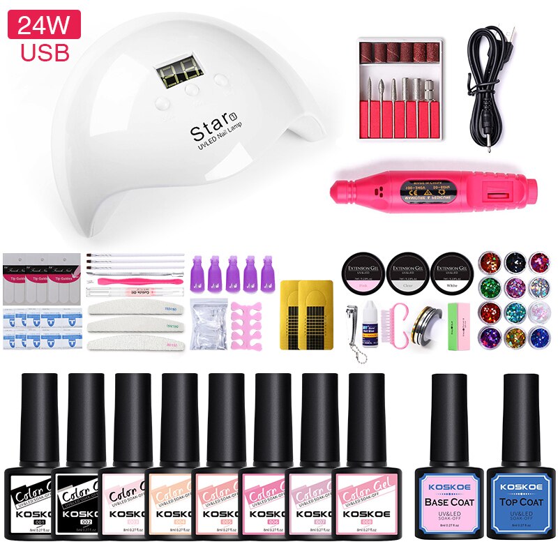 Koskoe neglesæt gel lak sæt kit 8/10/12/14/16 uv led farve gel negle lak kit med negle lampe negle kunst dekorations værktøj: 24w 8 farver sæt 1
