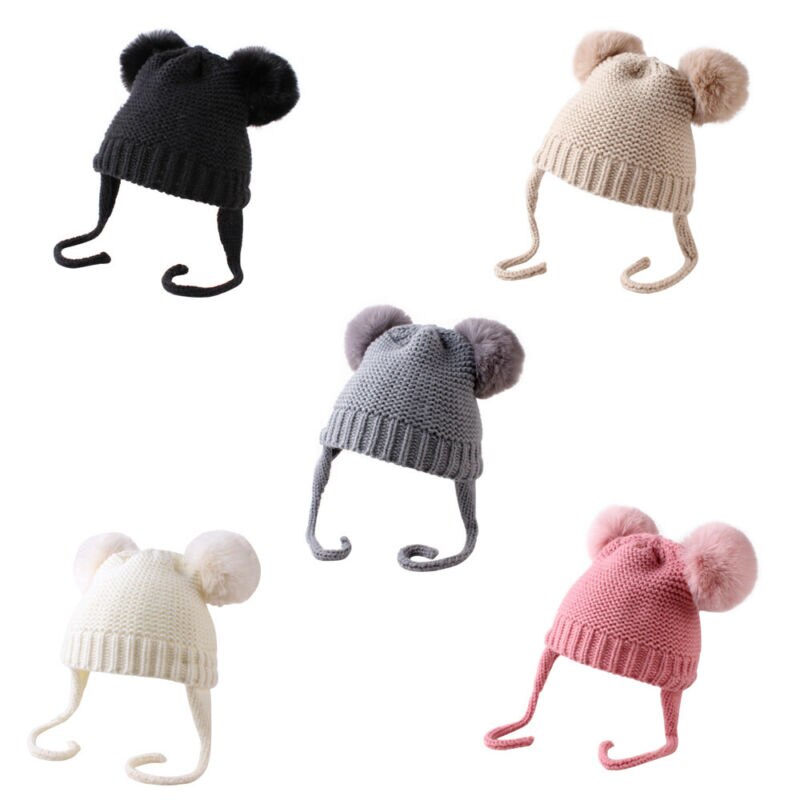 ¡Novedad de ! Accesorios para bebés, gorros de lana tejidos con cinta, gorros cálidos para el invierno para niños y niñas, gorros de lana tejidos con bola peluda