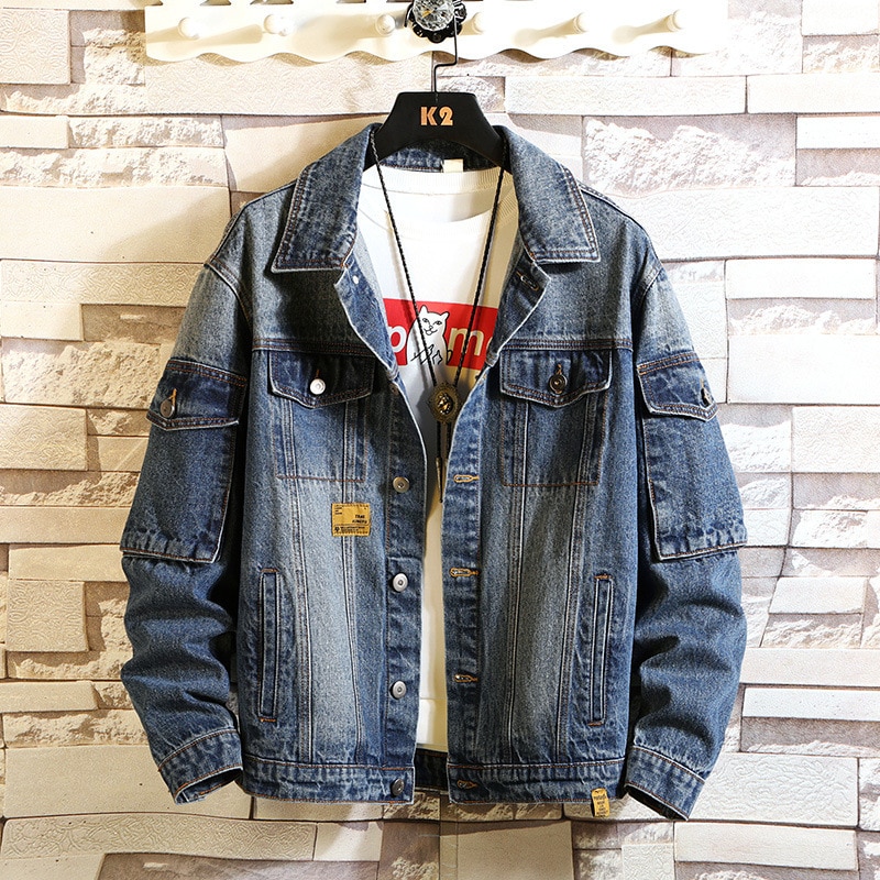 Multi-pocket Cargo denim jacket Autumn winter Men's Retro Blue Casual Washed Jean Jacket Coat Loose Cowboy Outerwear Male