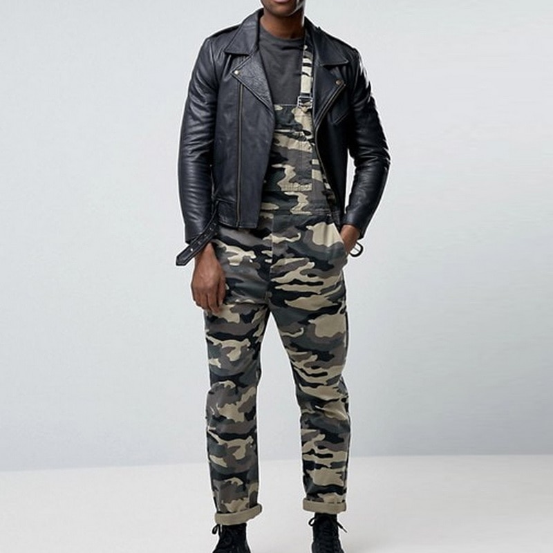 Mens Bib Overall Pants Lightweight Casual Loose Fit Walkshort Jumpsuit Button Denim Rompers Camouflage Overalls Hole Jeans