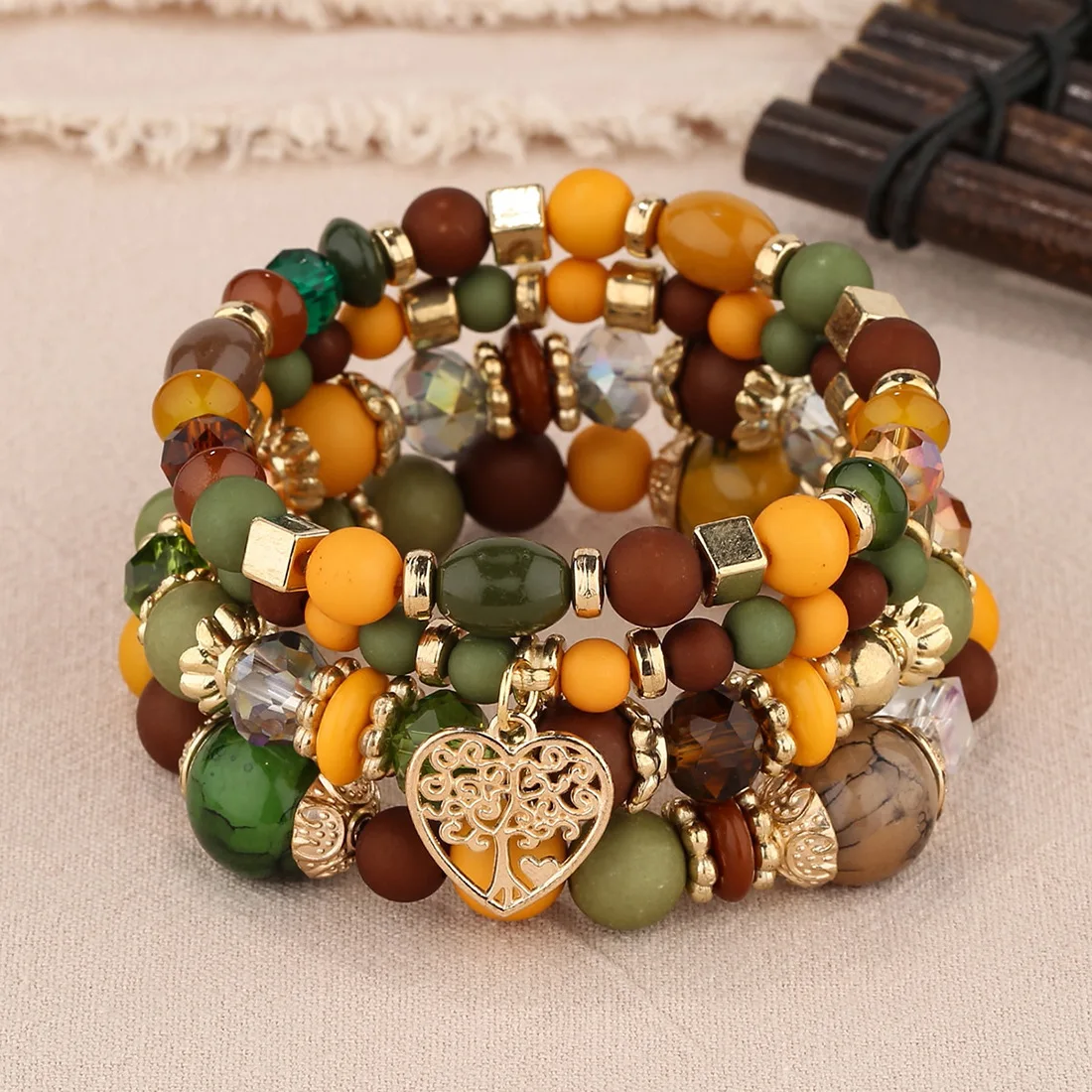 Conjunto de pulsera de cadena de cuentas acrílicas para mujer, brazalete elástico con dije de árbol de la vida, accesorios de joyería bohemia, 4 Uds.: Cobalto violeta