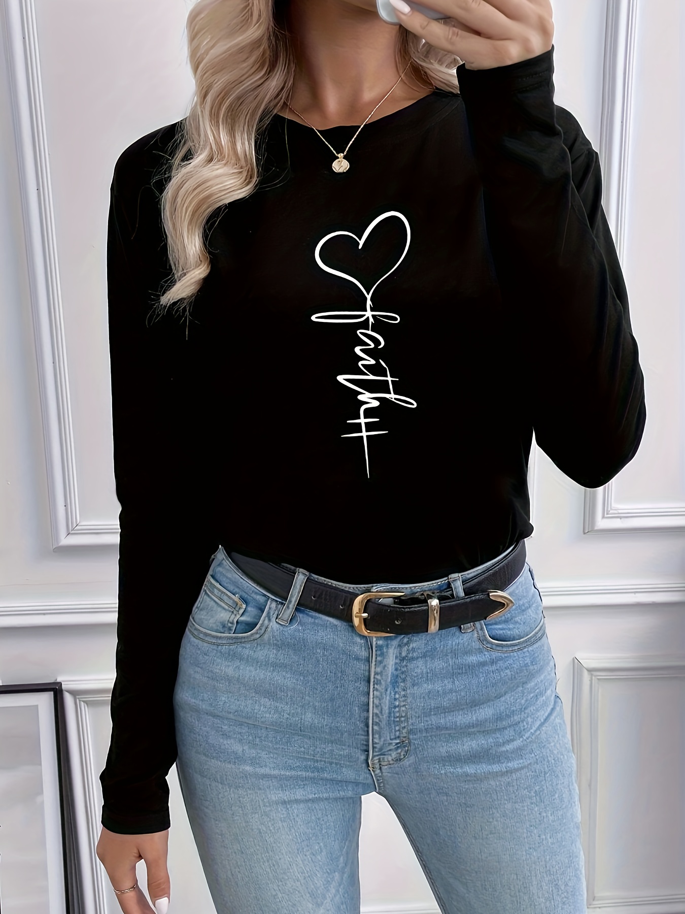 Roze liefdesbrief lipprint T-shirt met lange mouwen Crew Dames herfst winter zwart T-shirt met lange mouwen los comfortabel: XXL / Bruin