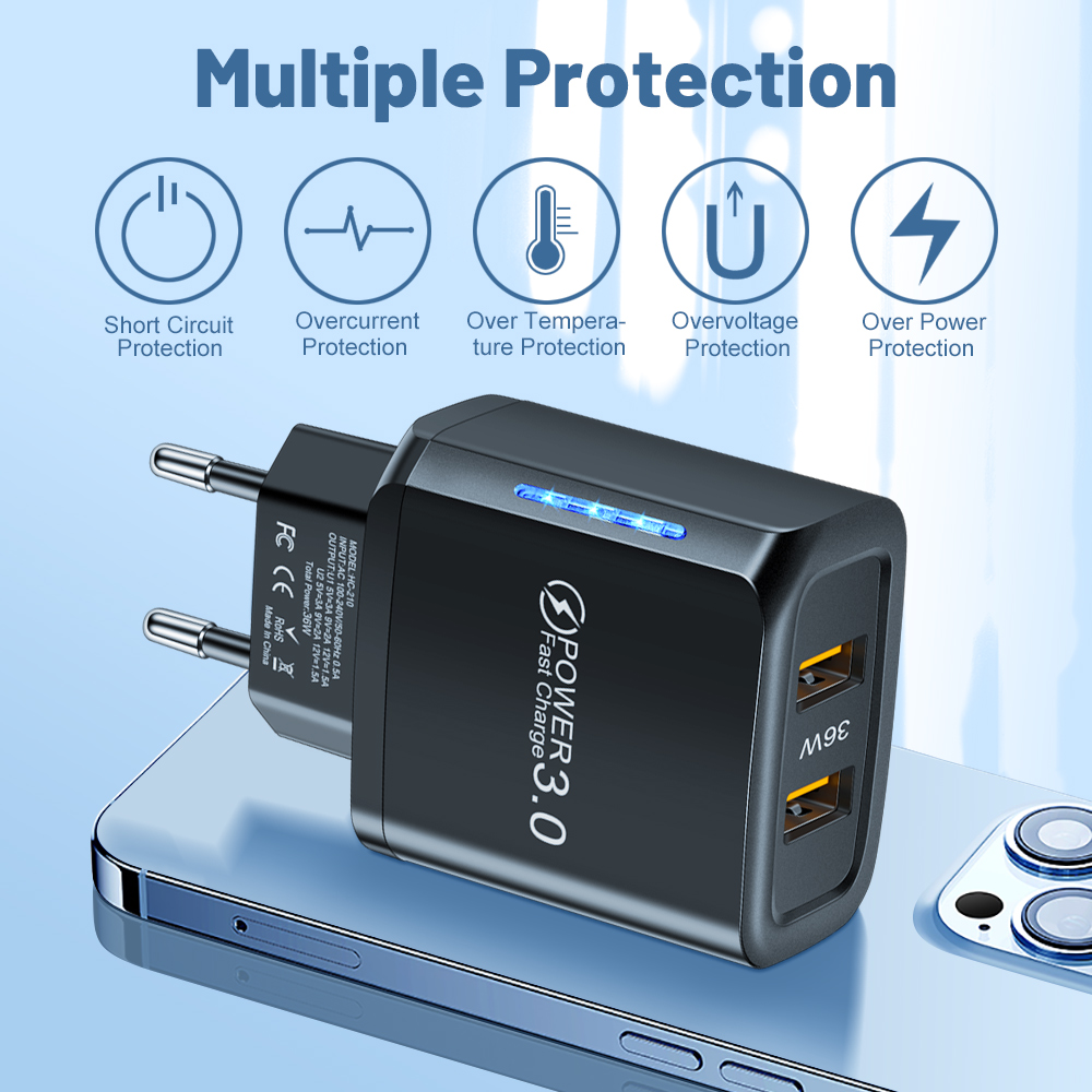 2 puertos 36W USB cargador de teléfono móvil Quick 3.0 adaptador de carga rápida de pared para iPhone Xiaomi Samsung Huawei