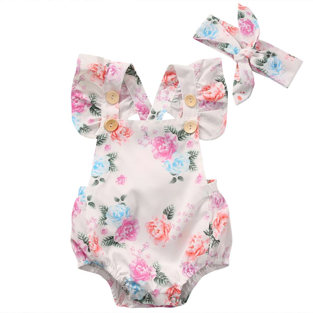 ¡2 unids/set! Verano lindo bebé niñas Floral sin mangas Romper + diadema verano Sunsuit conjunto de trajes de ropa