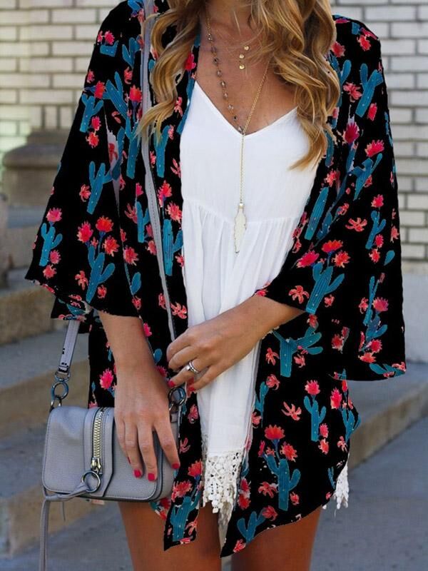 Zomer Vrouwen Lady Boho Beach Cover Up Kant Bloemen Vest Kimono Chiffon Blouse: Black / L