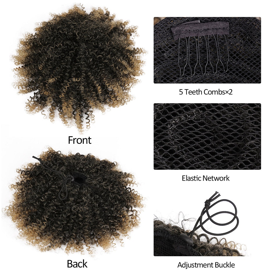 Synthetic Afro Puff Drawstring Bun Ponytail for Women Short Curly Chignon Hair Bun Extension Hairpiece with Two Clips 1B/27#