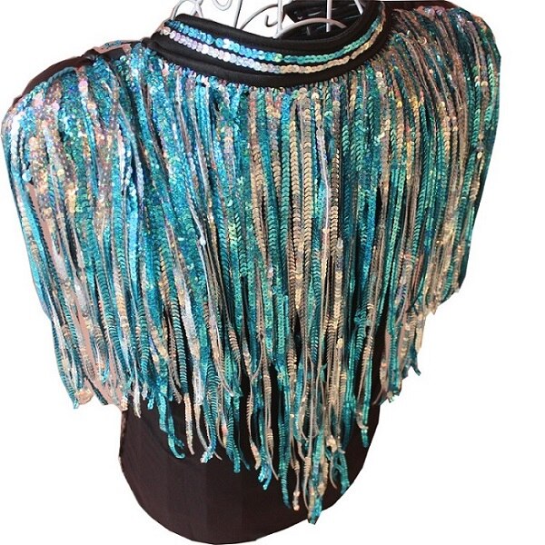 Beyonce Bar Singer DS Costume Men&#39;S Flash Drill Super Long Fringe Tassel Vest Jacket Men Rave Clothes Jazz Sequin Tops DNV10064: Blue / XXXL