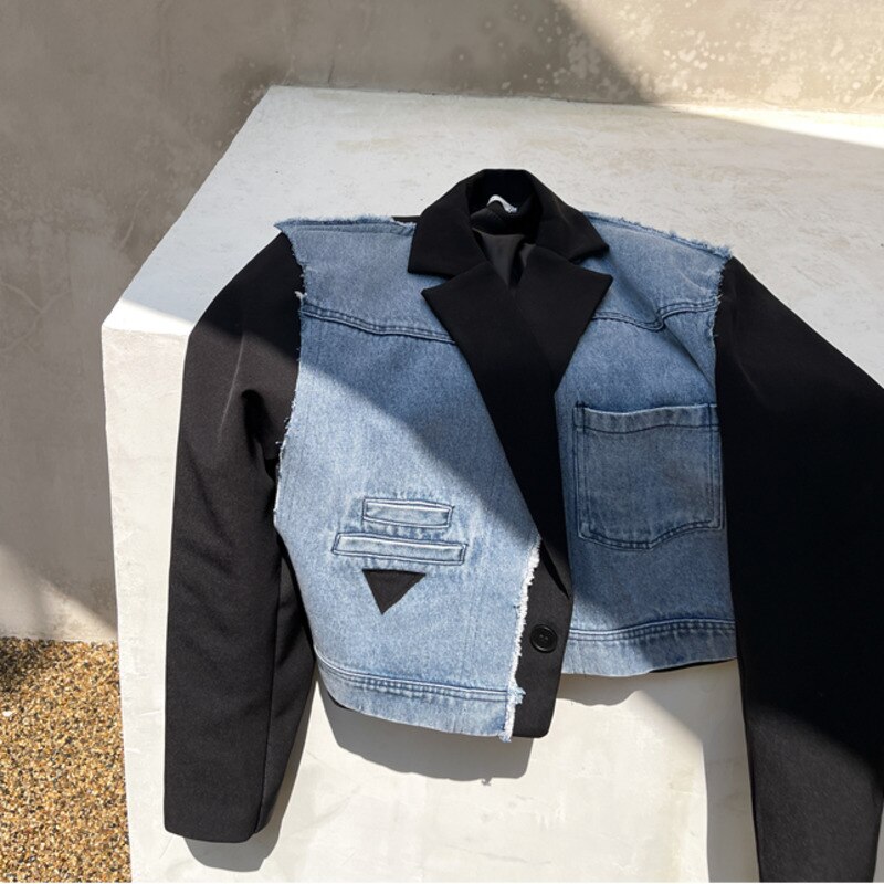 IEFB Menswear Korean Denim Splicing Blazers 2022 Notched Single Button Short Suit Jacket Spring Winter Chic Clothes: XXL