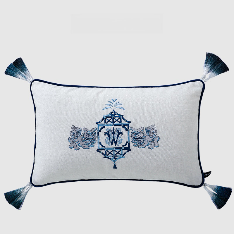 Housse de coussin rectangulaire avec pompon mignon chien, taie d'oreiller imprimée Double face en velours doux, décoration de canapé, chambre à coucher, voiture 30x50cm: Bleu marine