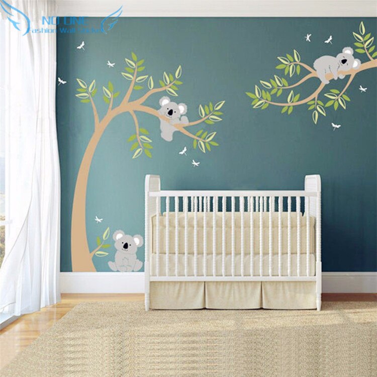 Koala y rama pegatina de pared Koala vinilo decorativo de pared de árbol con libélulas Koala oso pegatina de pared para bebé guardería, niños, habitación de los niños