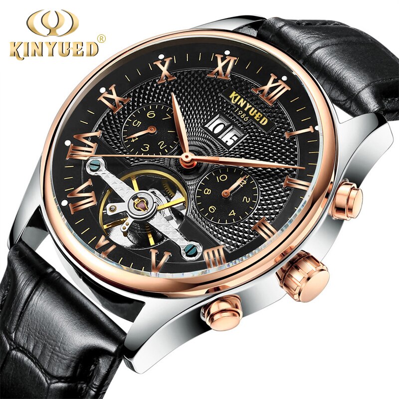 KINYUED Skeleton Tourbillon Mechanische Horloge Mannen Automatische Classic Rose Gold Leather Mechanische Horloges Reloj Hombre: Rose gold Black