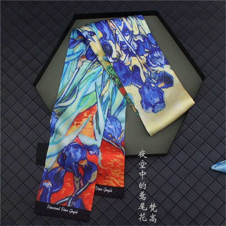 Van Gogh《Starry Night》Oil Painting Twill Silk Scarf Women Neckerchief Skinny Bag Scarf Female Headband Scarves Wraps For Ladies: 16