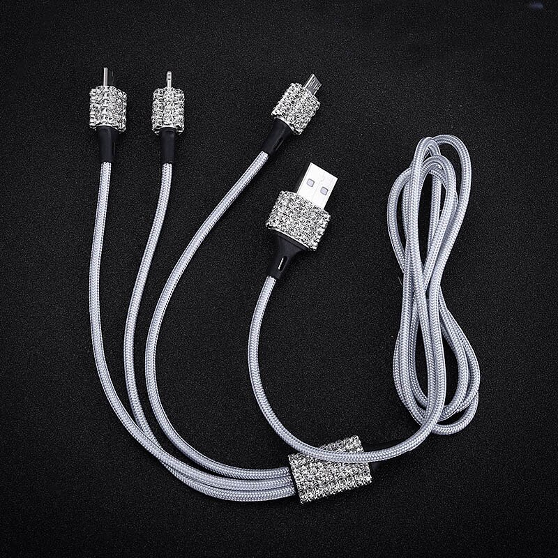 Diamond crystal 3 in 1 usb-kabel for iphone ladelader datakabel type c type-c mikro usb-kabel for samsung xiaomi wire: Hvit