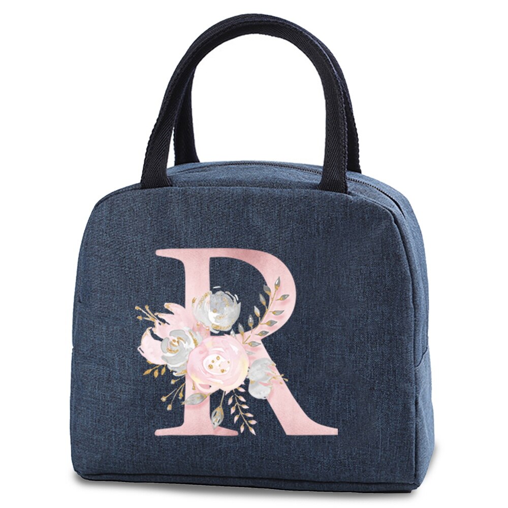 Saco térmico isolado almoço alimentos armazenamento sacos refrigerados zip piquenique tote carta rosa flor impressão fonte a b c d e bolsa: Lavanda