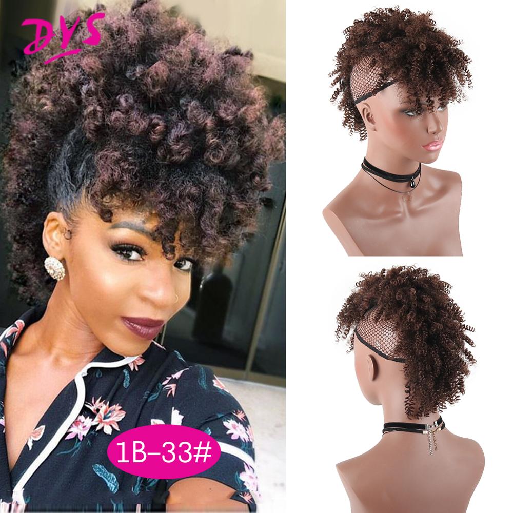 Afro Puff Ponytail With Bangs Afro Kinky Curly Synthetic Curly Mohawk Ponytail Clips in Hair Extension For Black women Hairpiece: 1B 33