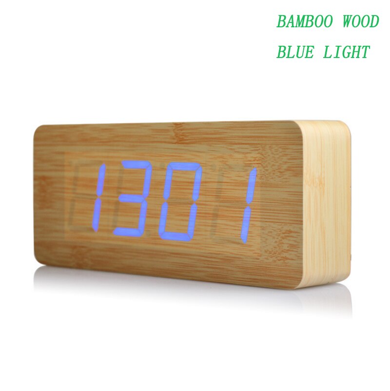 Grote houten klok ongebruikelijke led digitale houten wekker despertador geluid gecontroleerd elektronische klok desktop 21*9*5cm: Bamboe hout blauw