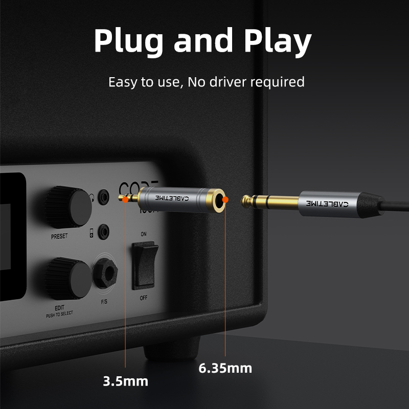 CABLETIME Jack 3,5 mm a 6,35 mm Micrófono Enchufe de audio para amplificador Altavoz Cable auxiliar Conector de 3,5 mm Aux a 6,35 mm Adaptador eléctrico