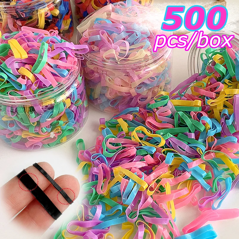 500 unids/caja de bandas de goma desechables gruesas de alta elasticidad, soporte para coleta para niñas, lazos para el cabello, banda para el cabello colorida, accesorios para el cabello