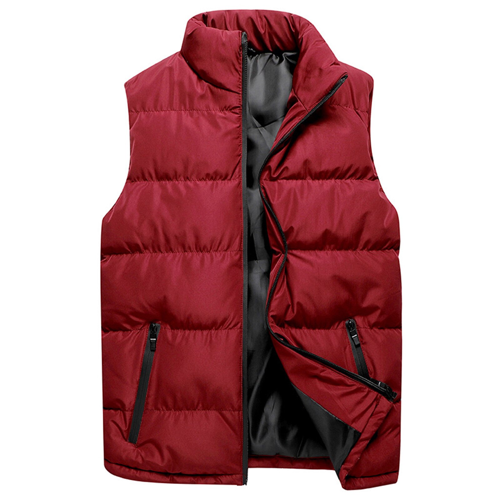 Hommes Veste Sans Manches Gilet Hiver Mâle Couleur Pure Gilet Gilet Manteaux Homme Col Montant Épaissir Grande Taille Gilets: Bourgogne / XXXL