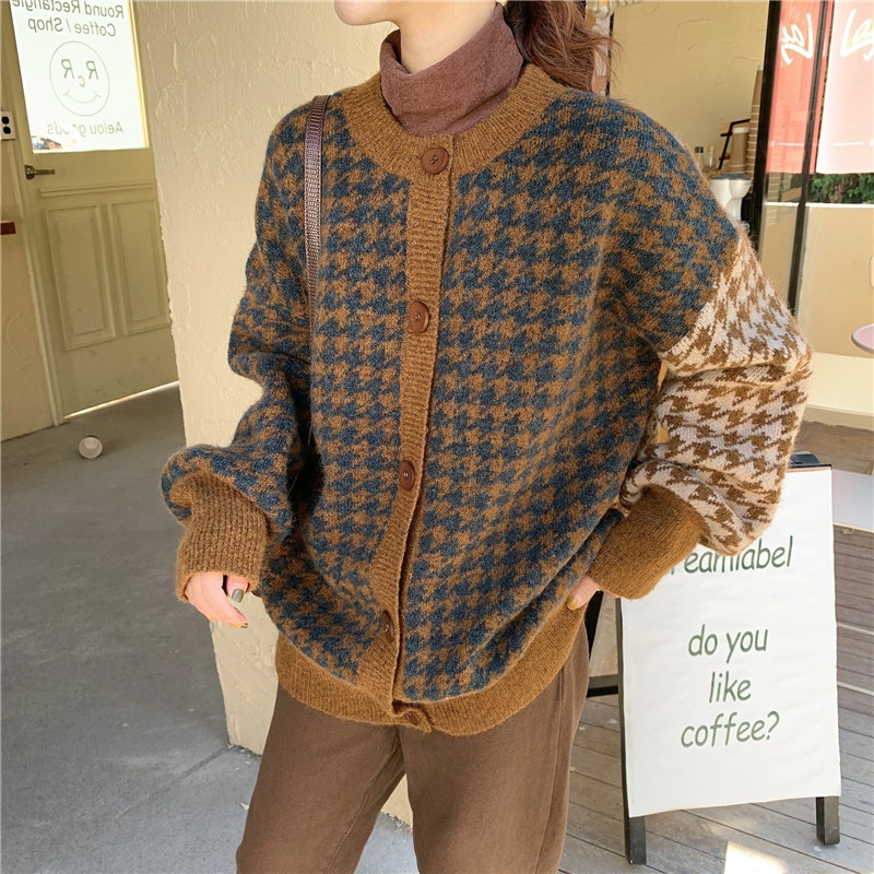 Suéteres de mujer de gran tamaño, suéter de otoño e invierno, cárdigans vintage con botones y cuello redondo, cárdigan holgado de una sola botonadura y mangas abullonadas.