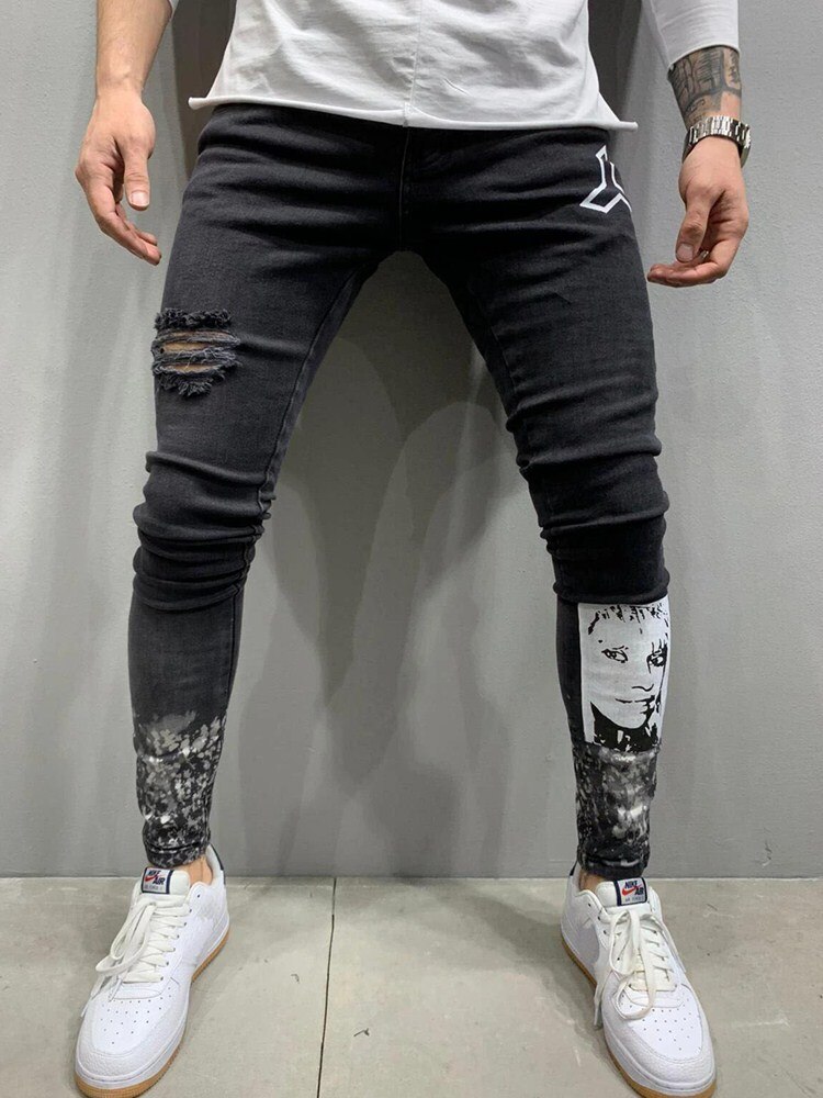 Slim Jeans Men Ripped Printing Head Stretch Denim Pants Elastic Waist Big Size European Hip-Hop Casual Men Jeans S-4XL