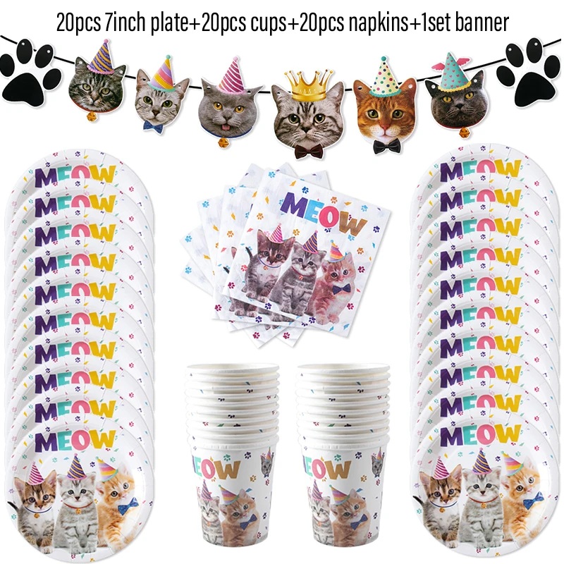 Decoración de de cumpleaños para gatos, pancarta de papel, plato, taza, adorno para pastel, juego de vajilla desechable, suministros para fiestas temáticas de gatos para niños: Color zafiro profundo