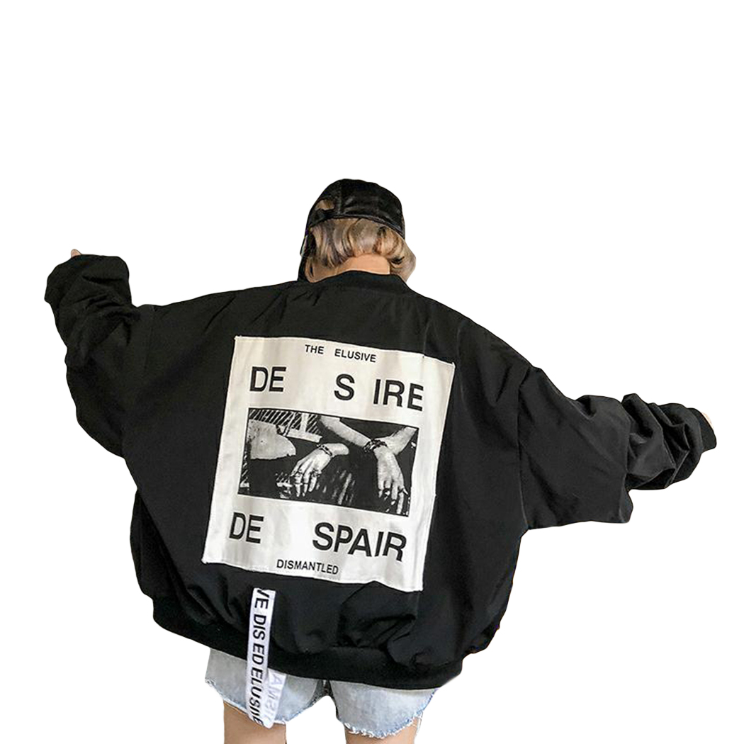 Harajuku Bomber Jacke Frauen Brief Drucken Lose Mantel Windbreaker Winter Frühling Lange Sleeve Zipper Jacken Übergroßen Outwear: Black / M