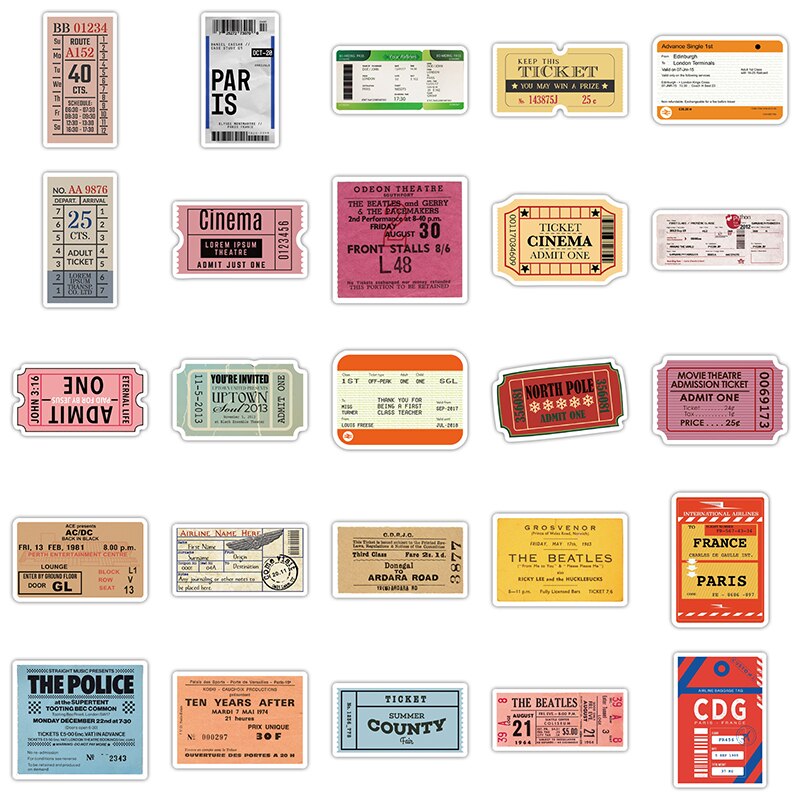 50PCS Retro Airline Boarding Pass Ticket Sticker Diy Helmet Skateboard Laptop Notebook Waterproof Graffiti Sticker