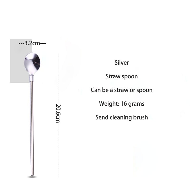 Stainless steel reusable western food straw spoon tableware dualuse dessert soup spoon cola drink straw ice spoon stirring spoon: 20.6cm silver