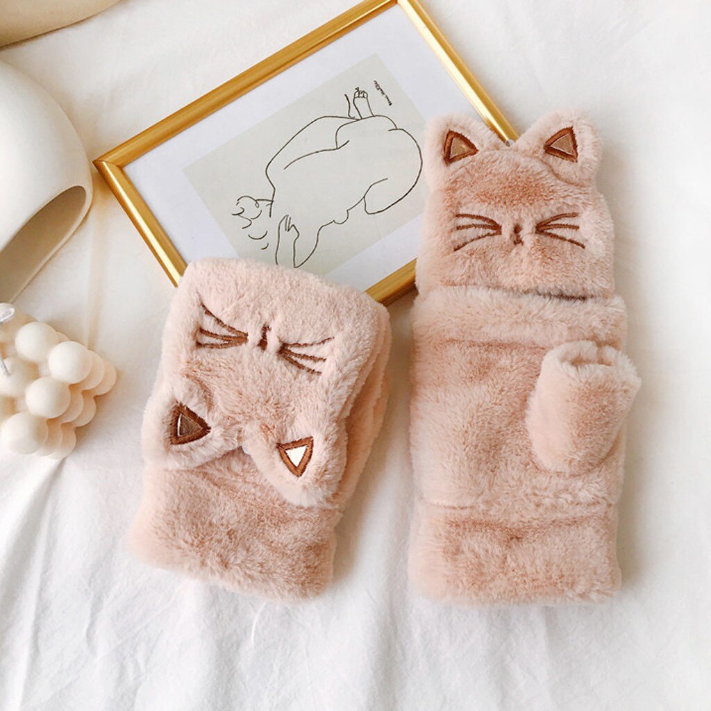 Winter Gloves For Girls Women Lovely Cat Embroidery Thickening Clamshell Plush Gloves Soft Keep Warm Gloves