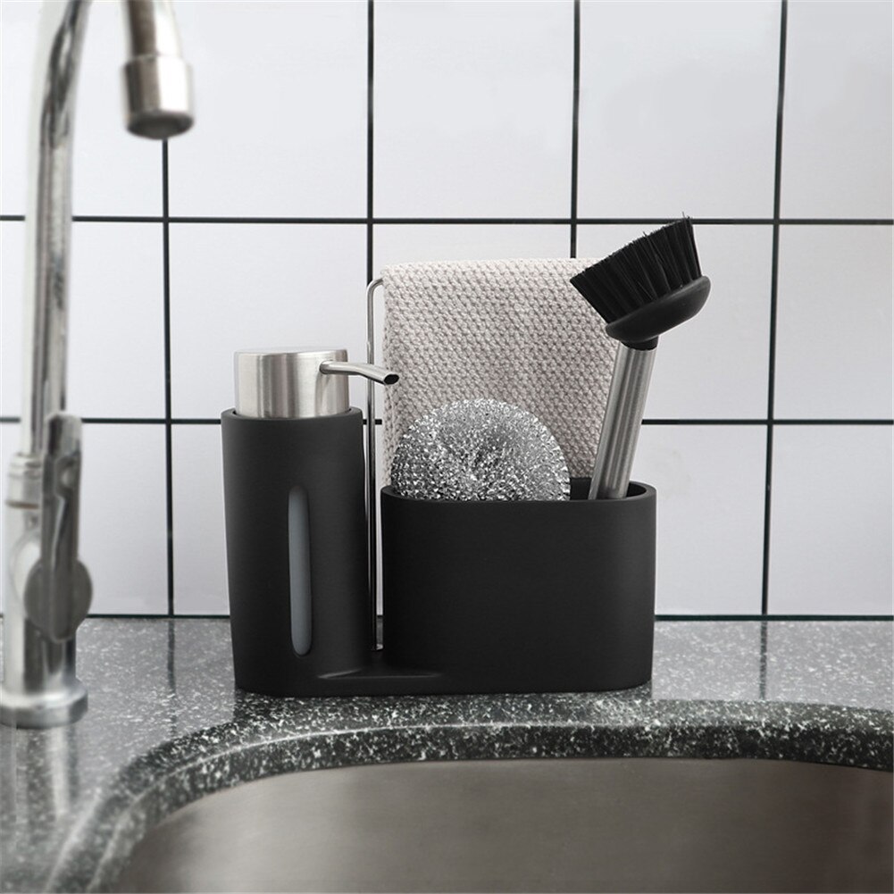 4PCS Sink Caddy Cleaning Kit Kitchen Caddy With Soap Dispenser Steel Ball And Brush Black Cleaning Group For Kitchen Organizing