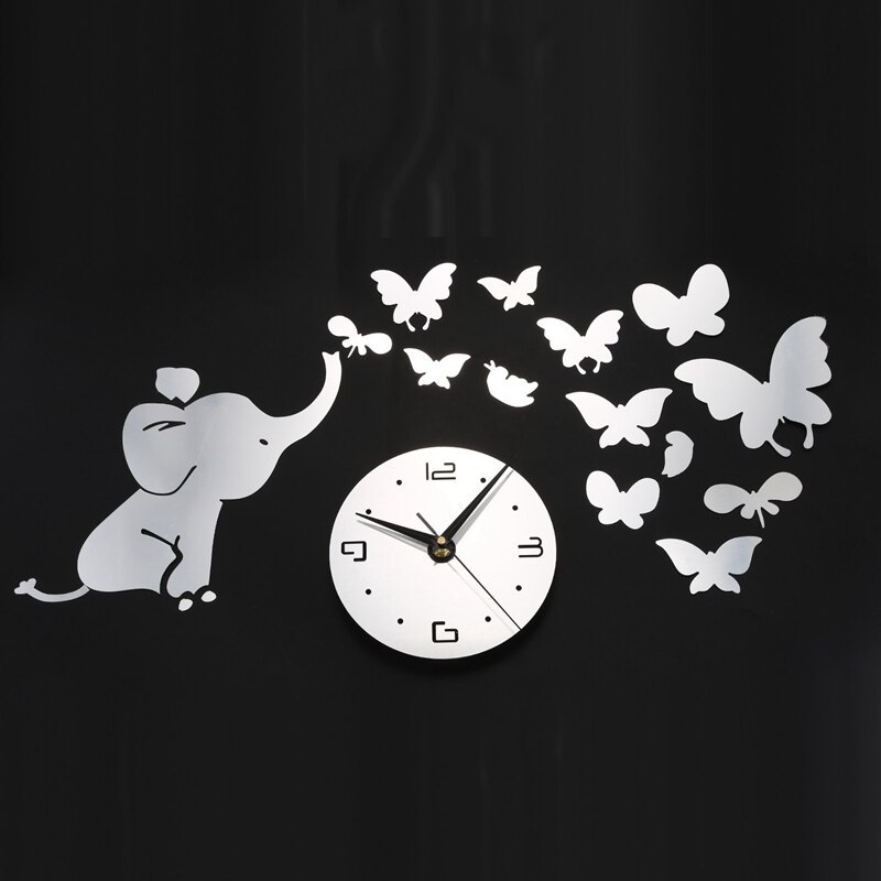 1 stuk zilveren 3d muurstickers klok vlinder olifant bloemblaadjes patroon sticker diy spiegel klok, voor thuis keuken kantoor slaapkamer
