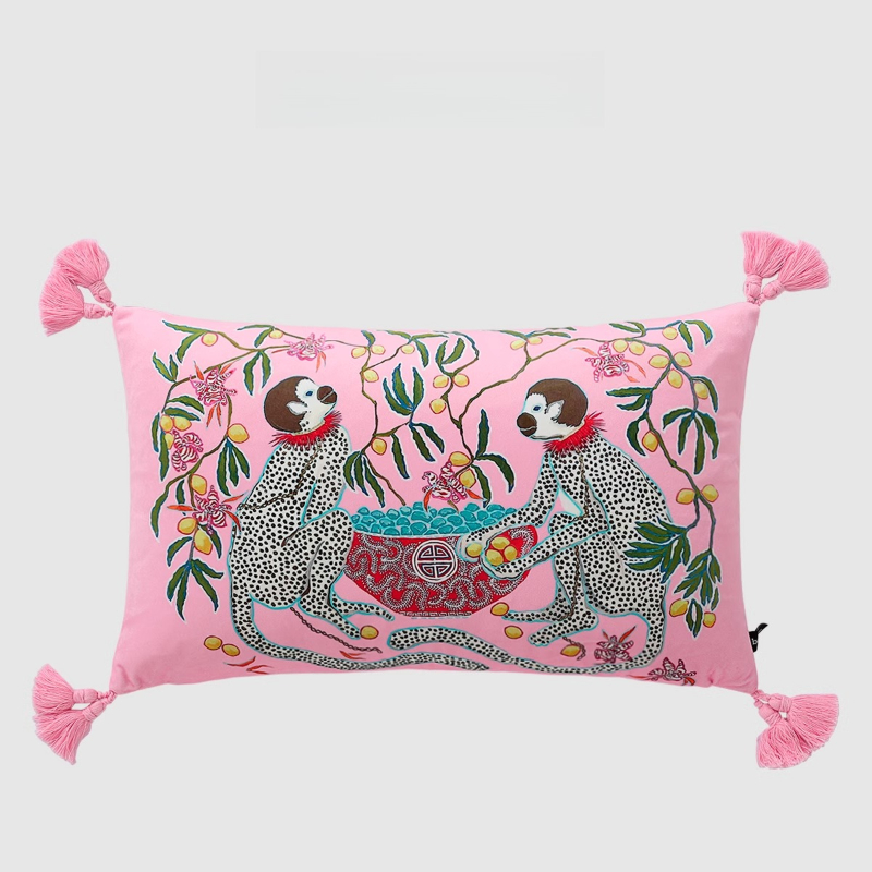Housse de coussin rectangulaire avec pompon mignon chien, taie d'oreiller imprimée Double face en velours doux, décoration de canapé, chambre à coucher, voiture 30x50cm