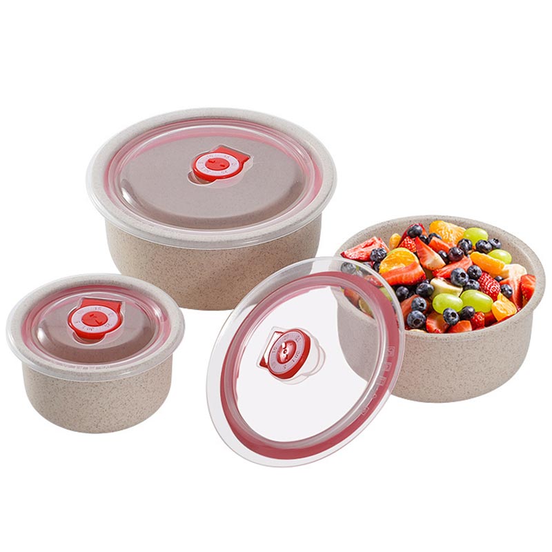 Wheat Straw Fresh-keeping Bowl Threepiece Set With Lid Round Lunch Box Can Be Microwave Sealed Bowl Kitchen Supplies Storage Box