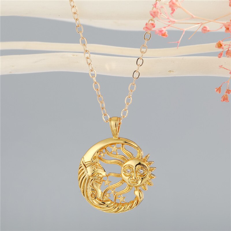 1Pcs Bling Zon Maan Ketting Voor Vrouwen Sieraden Vintage Shiny Unieke Holle Zirkoon Ster Hanger Sleutelbeen keten