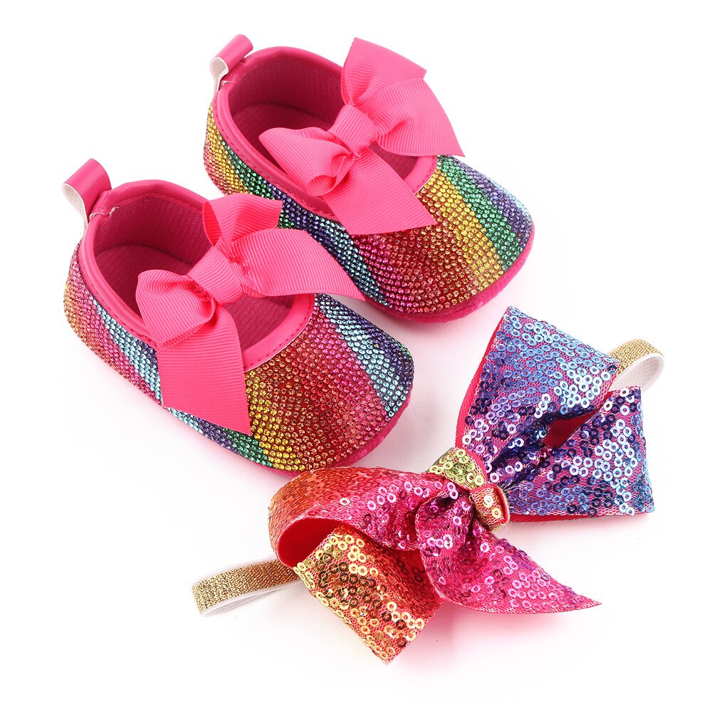 Scarpe per neonate Bling strass calzature per neonati neonato appartamenti per 1 anno regali per bambole cristiani con fascia a set: 1 / 0-6 mesi