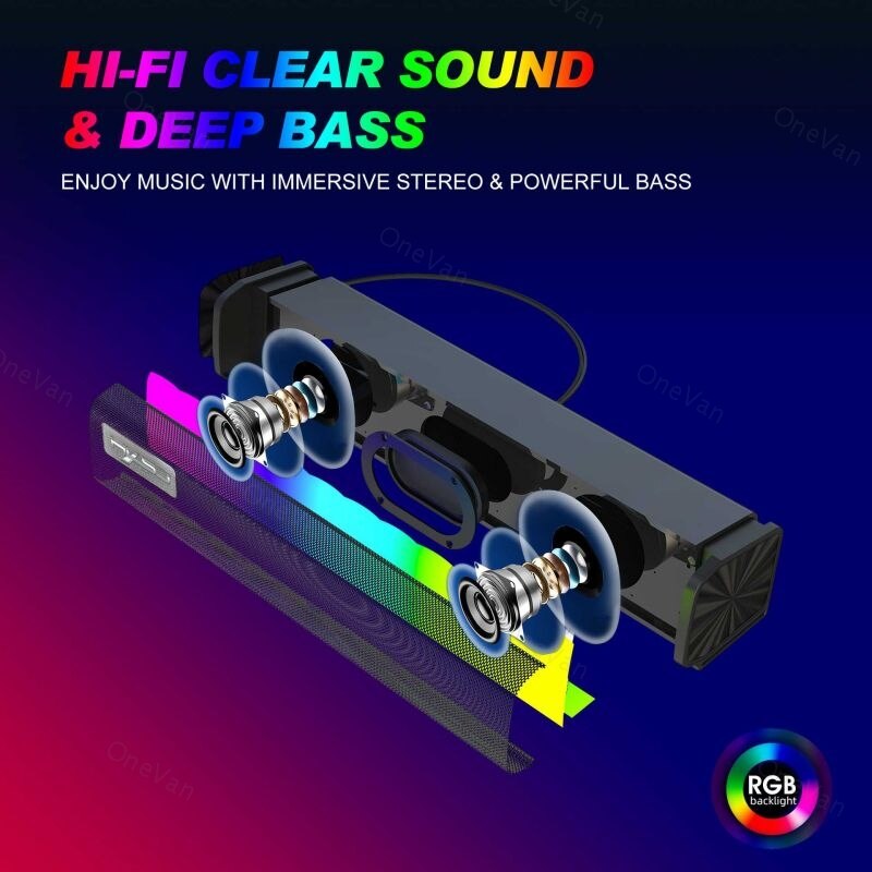 Barre de son lumineuse RGB, haut-parleur pour ordinateur, hi-fi, jeu, boîte de son en ABS, 9 types de lumières réglables