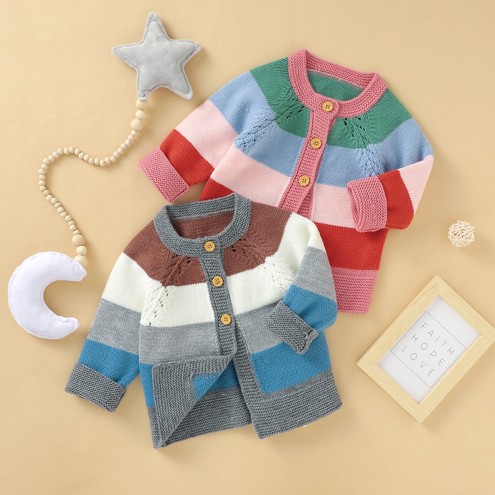 Cardigan tricoté pour petites filles, pull à rayures arc-en-ciel, col rond, manches longues, boutonnage simple, vêtements d'extérieur décontractés, automne
