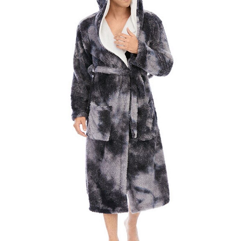 Winter Warm Flannel Bathrobe Men Knee-Length Bath Robe Soft Thick Tie-dye Print Plush Hooded Robes Male Dressing Gown Sleepwear