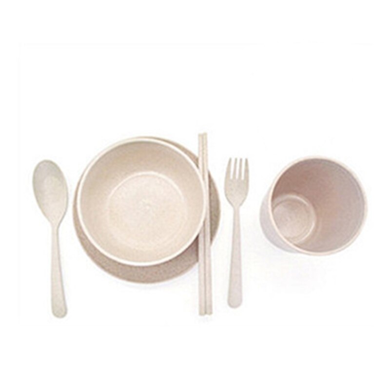 6Pcs/set Baby Feeding Dishes Wheat Straw Eco-friendly Dinnerware With Bowl Cup Plate Kids Spoon Fork Chopstick Tableware MBG0553: Beige