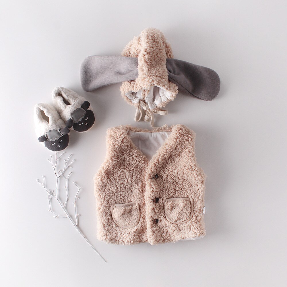 3-24months Winter Cute Warm Vest with Hat Infant Toddler Baby Girls Baby Boys Lamb Wool Vest KF03