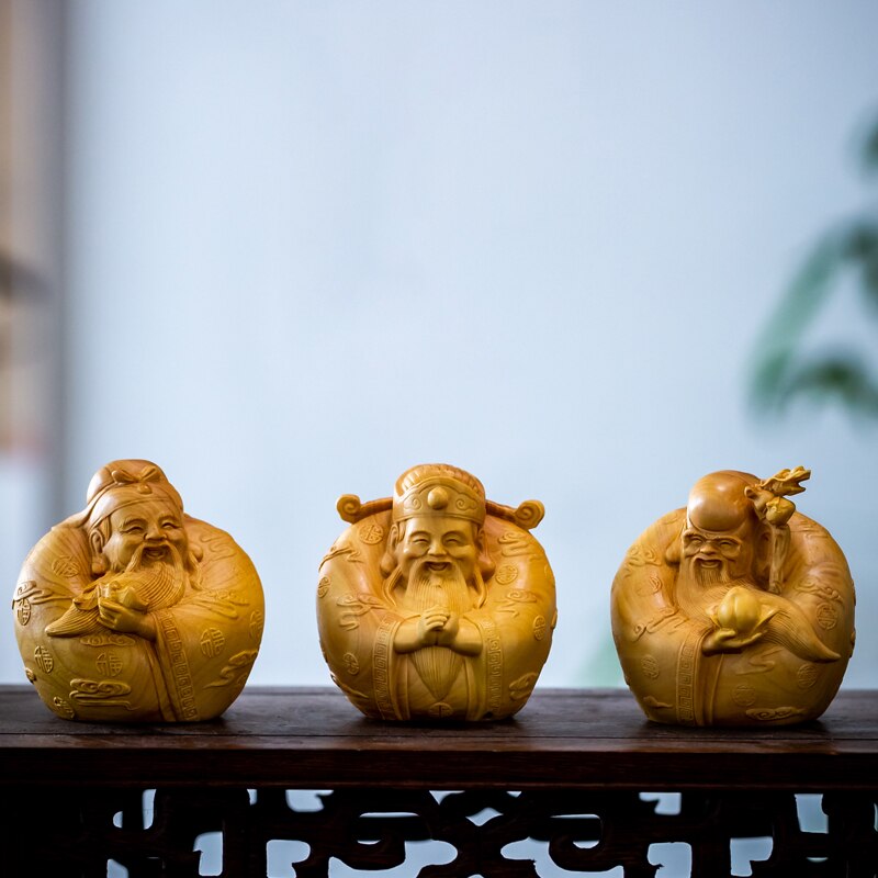 6cm 3 stk tre gud skulptur buksbom figur buddha fu lu shou tre stjerner kinesisk lykkebringende trestatue feng shui hjemmeinnredning