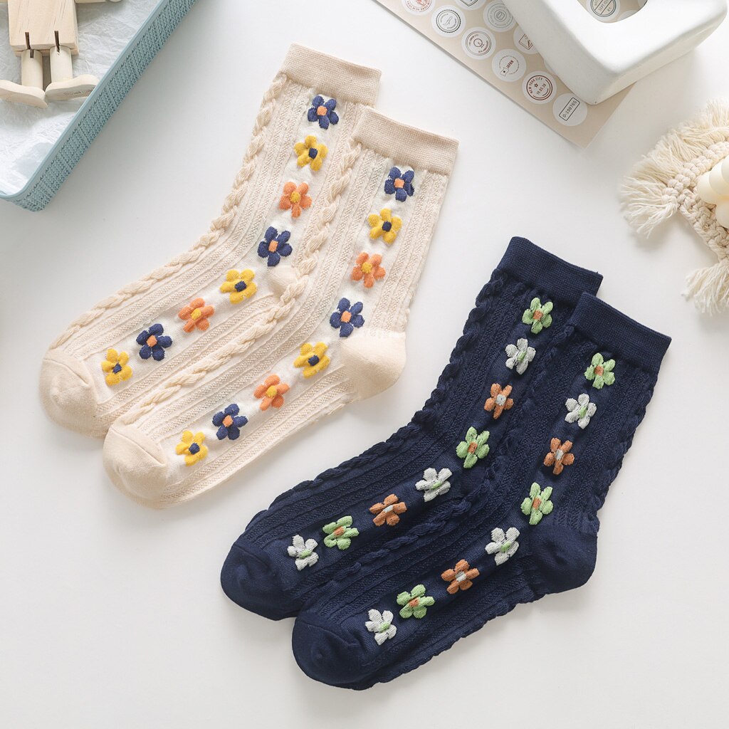 Women Autumn Winter Socks Ladies Knitting Flowers Happy Female Socks Casual Sox