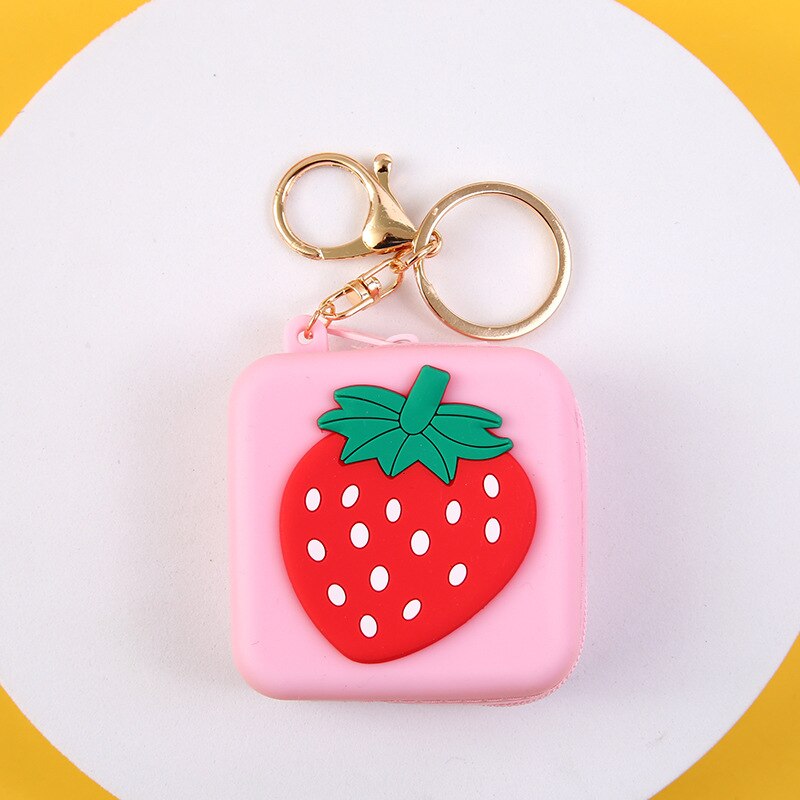 Cute Round Silicone Coin Wallet Bag Candy Color Zipper Small Women Girls Keychain Key Bag Mini Headset Bag Purse Kid: Strawberry