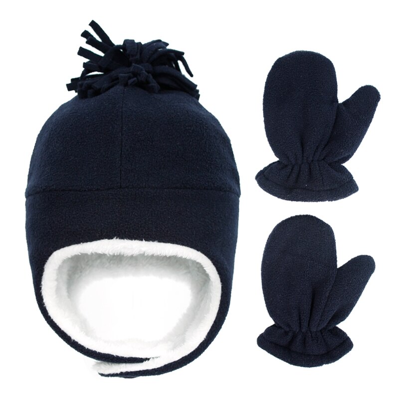 Baby vinter varm fleece hue og vante sæt småbørn baby børn pilot hat børn handsker til spædbørn baby motorhjelm tøj tilbehør: Flåde for 3-10y