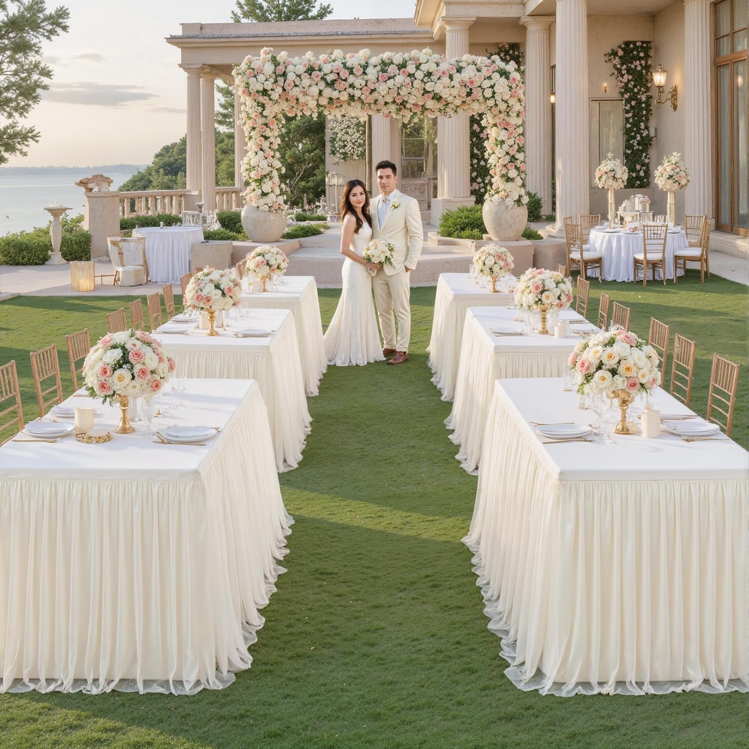 Ivory Tulle Table Skirts for Rectangle Tables 8ft 6ft 4ft for Wedding Party Birthday Baby Shower Cake Event Dessert Tablecloth