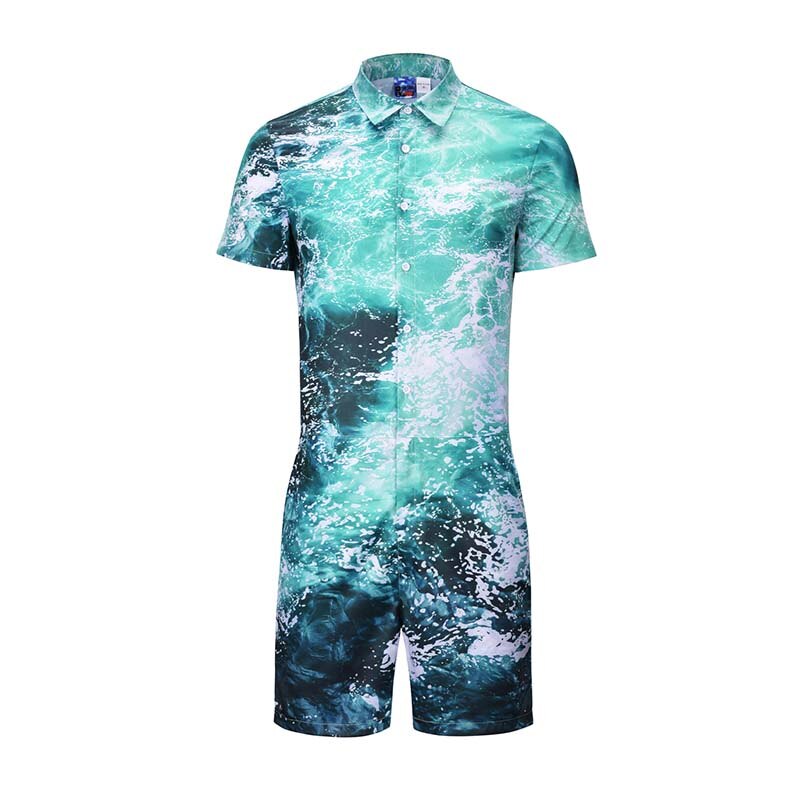 Summer Overalls Mens Rompers 3D Funny Blue Wave Casual Jumpsuit Male Beach Sets One-piece Outfits Plus Size Playsuit: XXL