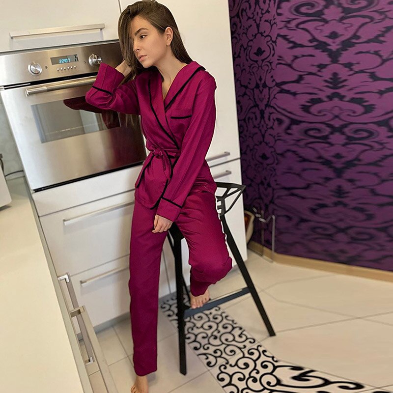 HECHAN Red Satin Pajamas Women Two Piece Set Long Sleeve Robes Pants Patchwork Female Sleepwear Casual Home Wear Suits Winter: S